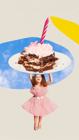 Poster. Contemporary art collage. Modern creative artwork. Little girl in elegant pink dress carrying huge plate with delicious birthday cake. Concept of celebration, fun and joy, party, inspiration.の写真素材