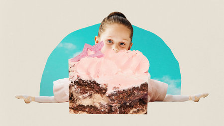 Poster. Contemporary art collage. Modern creative artwork. Little cute ballerina with small legs sits in splits and eating birthday cake. Concept of celebration, fun and joy, party, inspiration.の写真素材