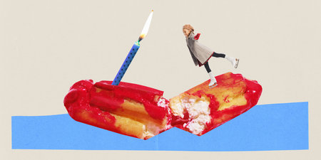 Poster. Contemporary art collage. Modern creative artwork. Happy little girl skating on tasty sweet eclair with party birthday candle. Concept of celebration, fun and joy, party, inspiration.の写真素材
