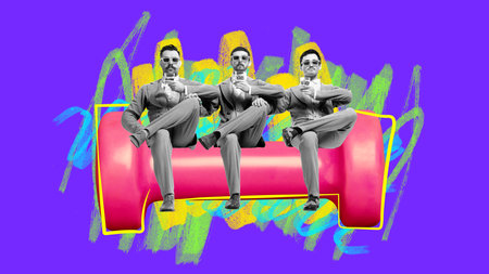 Contemporary art collage. Three man dressed smart casual outfit sitting on huge dumbbell against...