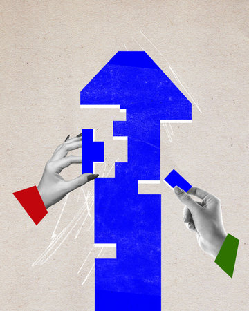 Poster. Contemporary art collage. way to success. Monochrome hands adding up pieces of arrow...