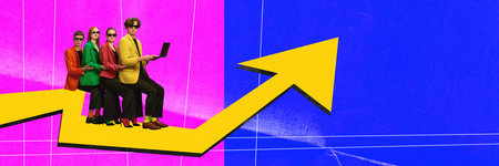 Contemporary art collage. Business people sitting in line making new strategy, planning way to big stable income. Modern minimal bright design. Concept of business, teamwork, cooperation, ideas.の写真素材