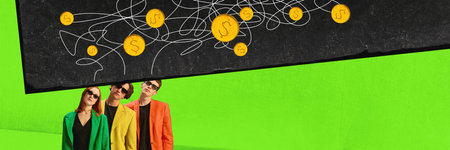 Contemporary art collage. Modern bright design. Business colleagues in bright smart casual outfits develop strategy to big stable income. Minimal bright design. Concept of business, teamwork, ideas.の写真素材