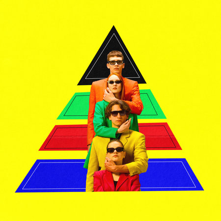 Contemporary art collage. young people support each other against the background of the pyramid of needs. Modern minimal bright design. Concept of business, teamwork, cooperation, ideas, finance.の写真素材