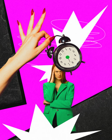 Contemporary art collage. Dont miss deadline. Upset woman looks irritably at ringing alarm clock....