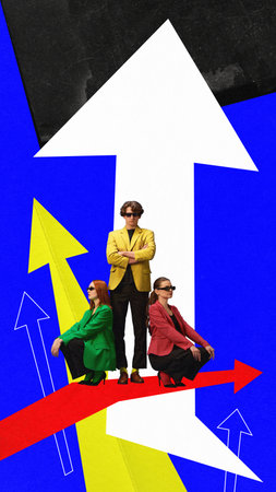 Contemporary art collage. Confident business people in smart casual outfits standing against background with arrows. Modern minimal bright design. Concept of business, teamwork, cooperation, ideas.の写真素材