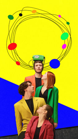 Contemporary art collage. Young leaders, business people looking on secretary, man with retro phone on head. Modern minimal bright design. Concept of business, teamwork, cooperation, ideas, finance.の写真素材