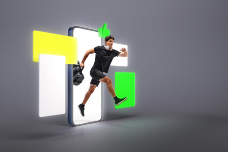 Creative collage with photo athlete man, sportsman running out of blank 3d model of smartphone with messages against grey background. 3D rendering. Concept of online training, online events, betting.の写真素材