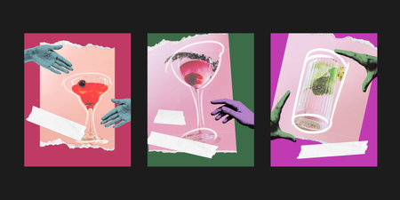 Collage. Different cocktails over abstract colorful background. Bar menu. Creative colorful design. Sweet and sour. Concept of alcohol drink, creativity, imagination, party, celebration.の写真素材