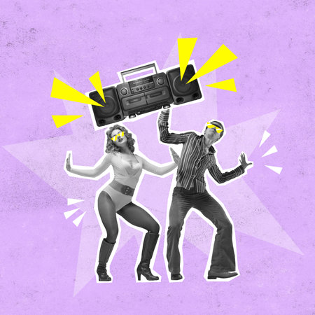 Stylish young people attending party, dancing against purple background. Retro style. Vintage music...