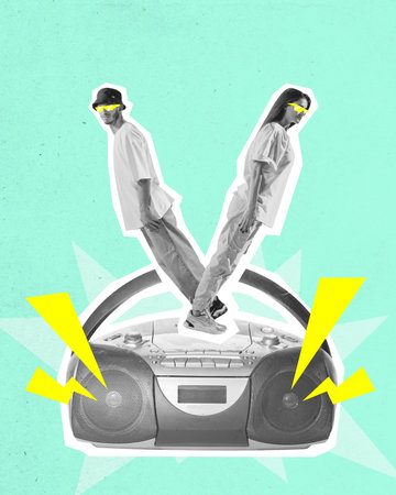 Young people in sport style clothes dancing contemp, hip hop against green background. Contemporary art collage. Concept of party, dance, hobby, movements, fashion, creativityの写真素材