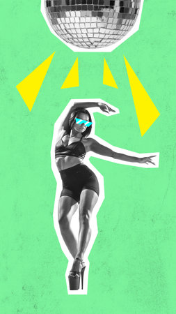 Flexible, muscular young woman dancing high heel dance against green background with disco ball. Contemporary art collage. Concept of party, dance, hobby, movements, fashion, creativityの写真素材