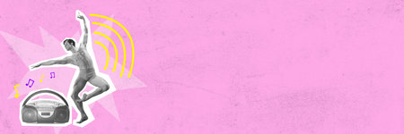 Shirtless, muscular, handsome man,, ballet dancer performing over pink background. Contemporary art collage. Classic dance. Concept of party and dance, hobby, movements, fashion and creativityの写真素材