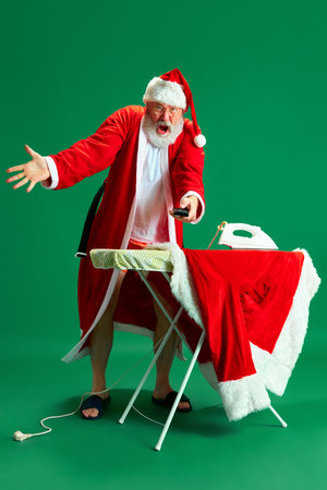 Full length portrait of Santa Claus watching football match while ironing his favorite dress suit against green studio background. Concept of sport, soccer fan, Merry Christmas, joy and fun.の写真素材