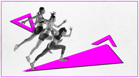 Contemporary art collage. Young woman, fast jogger in monochrome filter take part in race against...