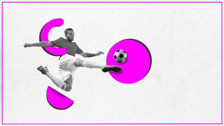 Contemporary art collage. Professional football player in monochrome filter kicking ball with leg against white background with violet geometry figures. Concept of sport, energy, activity, hobby. Ad.の写真素材