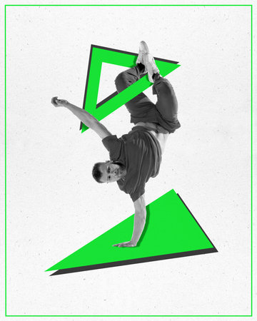 Contemporary art collage. Young man, hip hop dancer dancing in action in monochrome filter against white background with geometry figures. Bright design. Concept of sport, energy, activity, hobby. Ad.の写真素材