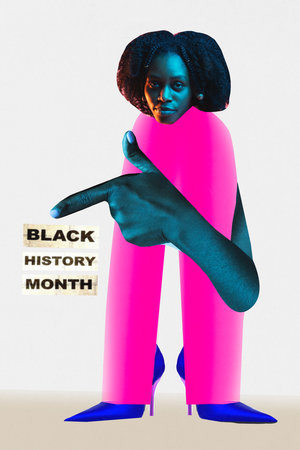 Poster. Contemporary art collage. Beautiful African-American woman pointing to text, inscription of annual celebration against white background. Concept of black history month, civil rights, cultureの写真素材