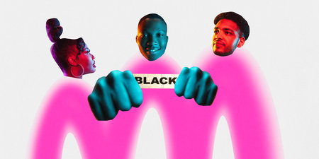 Poster. Contemporary art collage. Three heads of African-American people, woman and men holds paper with name of the annual holiday. Concept of black history month, civil rights, cultureの写真素材