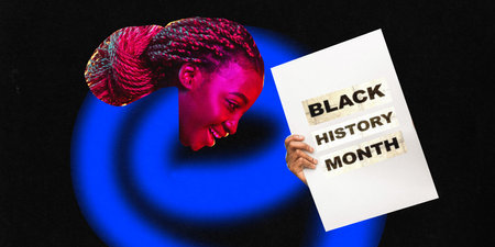 Poster. Contemporary art collage. Funny African American woman with painted neon body bends and twists into spiral and holding paper with name of the annual holiday. Concept of black history monthの写真素材