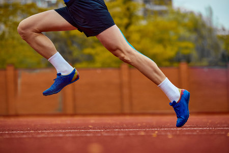 Focused sprinter on the verge of takeoff. Side view cropped photo of professional sportsman fast...