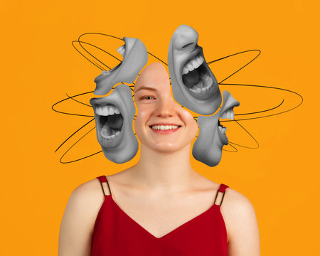 Poster. Contemporary art collage. Toxic positivity. Young pleasant woman hides her negative, gray...
