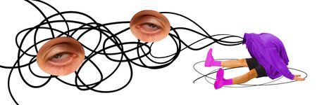 Banner. Contemporary art collage. Frustrated young man without head,sitting burnout of work, sleepy, upset against white background. Concept of mental health, human emotions, mind psychology.の写真素材