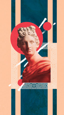 Poster. Contemporary art collage. Antique Greek sculpture in red neon light inside ornamented frame...