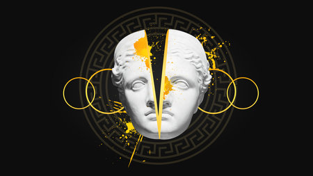 Poster. Contemporary art collage. Sliced head of black antique statue, face of which in golden paint...