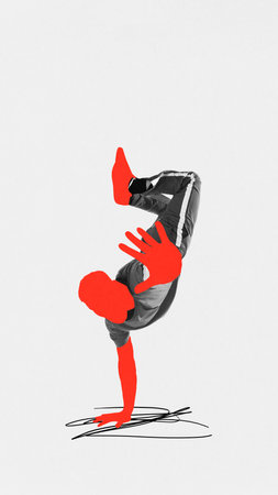 Dynamic image of young man, dancer performing breakdance over white background with abstract...
