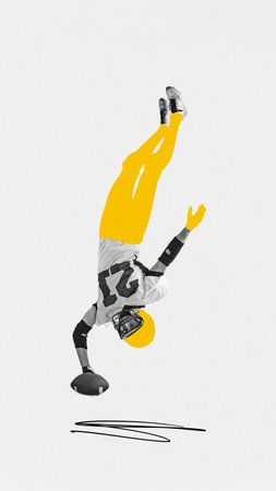 American football player in motion, man catching ball during game over white background with...
