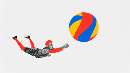 Young man, beach volleyball player n motion, hitting ball over white background with colorful elements. Contemporary art collage. Concept of sport, competition, championship, tournament, actionの写真素材