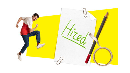 Happy man showing happiness and success. Get position in company. Contemporary art collage. Concept of business, recruitment, job vacancy, promotion, employment, opportunitiesの写真素材