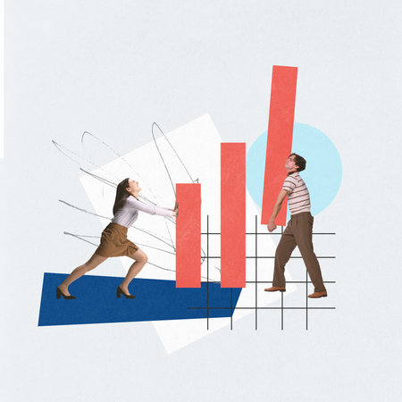 Colleagues working with analytical graphs, developing profitable strategy for company success and growth. Contemporary art collage. Concept of business, office, teamwork, success, growthの写真素材