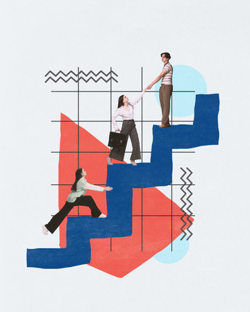 Employees, co-workers moving forward on stairs. Ladder to success. Promotion and assistance of colleagues. Contemporary art collage. Concept of business, office, teamwork, success, ambitionsの写真素材