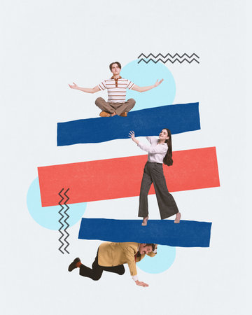 Colleagues helping each other in professional sphere. Personal and professional success. Assistance. Contemporary art collage. Concept of business, office, teamwork, success, growth, challengesの写真素材