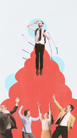 Promotion. Young man reaching success, getting new position in company, colleagues feeling happy. Assistance. Contemporary art collage. Concept of business, office, teamwork, successの写真素材