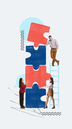 Employees working on project together, connecting puzzles symbolizing assistance and partnership....