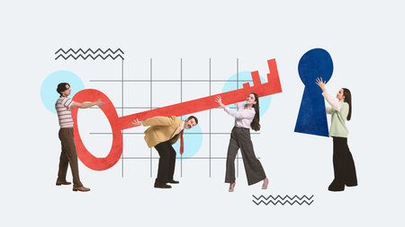 People, colleagues carrying giant key into keyhole, working together on project. Contemporary art collage Concept of business, office, teamwork, success, professional growthの写真素材