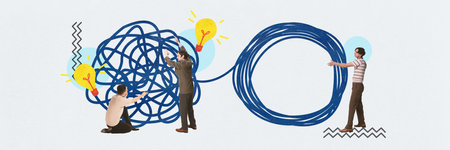Colleagues, co-workers working on project together, fixing tangled tasks and reaching professional growth. Contemporary art collage. Concept of business, office, teamwork, success, assistanceの写真素材