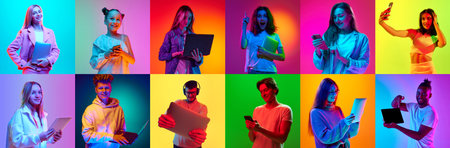 Collage made of different people, men and women using gadgets for education, communication and fun...
