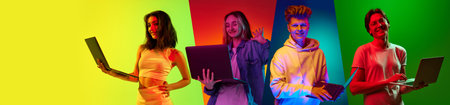 Collage made of portraits of different people working with different gadgets over multicolored...