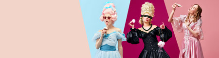 Collage. Beautiful woman in elegant dresses, medieval queens, princess eating sweets over pink blue...