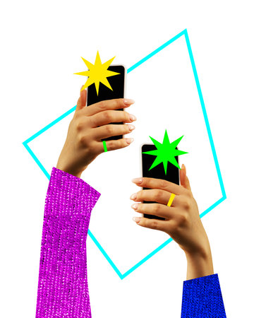 Poster. Contemporary art collage. Two hands holds smartphones and taking photo with bright, colorful...