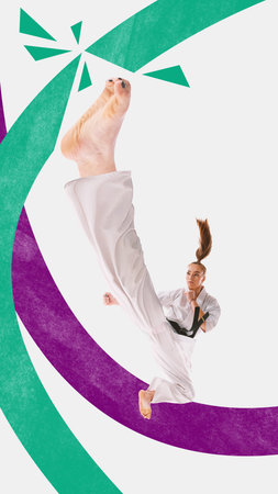 Contemporary art collage. Young woman, professional taekwondo fighter training her long legs before Championship 2024. Concept of sport, hobby, fit people in action. trendy magazine style.の写真素材