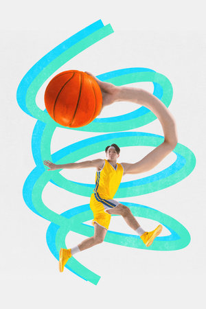 Contemporary art collage. Young man, basketball athlete doing slam dunk with his long hand. Concept of sport, hobby, fit people in action. trendy magazine style Championship 2024.の写真素材