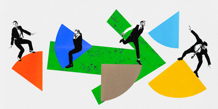 Contemporary art collage. Confusing business people, trying to find and piece together the parts...