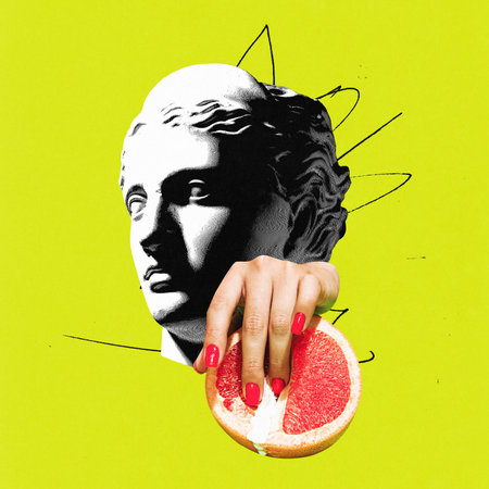 Contemporary art collage. Antique Greek bust of woman pressing on grapefruit against vivid green background. Trendy magazine style. Concept of comparisons of eras, femininity, wellness. Copy space. Adの写真素材