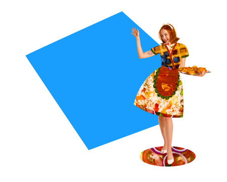 Contemporary art collage. Attractive waitress dressed in edible textured uniform from delicious vegetables and garnishes against white background. Concept of food, restaurant, healthy dieting, cuisineの写真素材