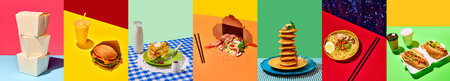 Collage. set with pancakes with milk and souse, burgers, hot dogs, Asian food like online order for breakfast against multicolored background. Concept of food, breakfast, catering, restaurant menu.の写真素材